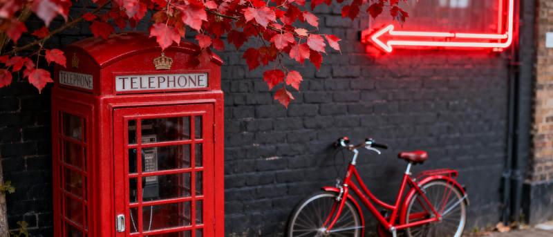 红电话亭与自行车图片