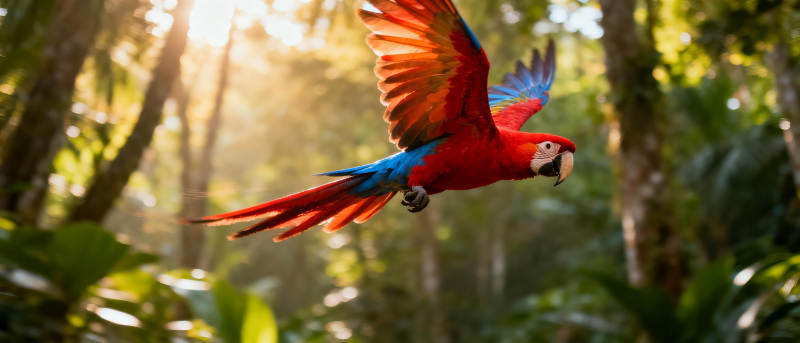 红蓝鹦鹉林中飞翔图片
