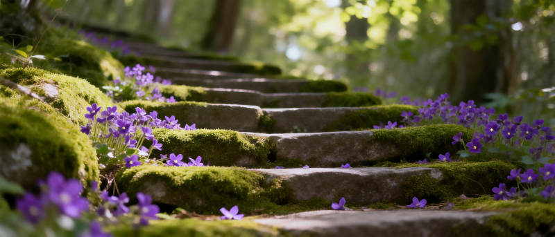 紫花石阶林间路图片