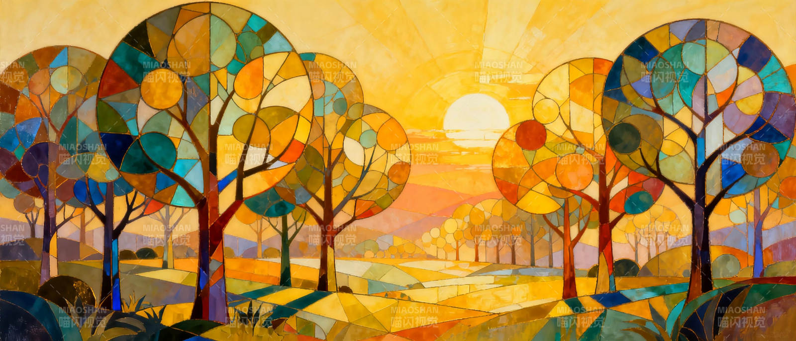 彩树夕阳图图片