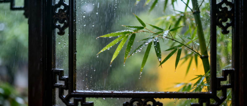 雨中竹影窗景图片