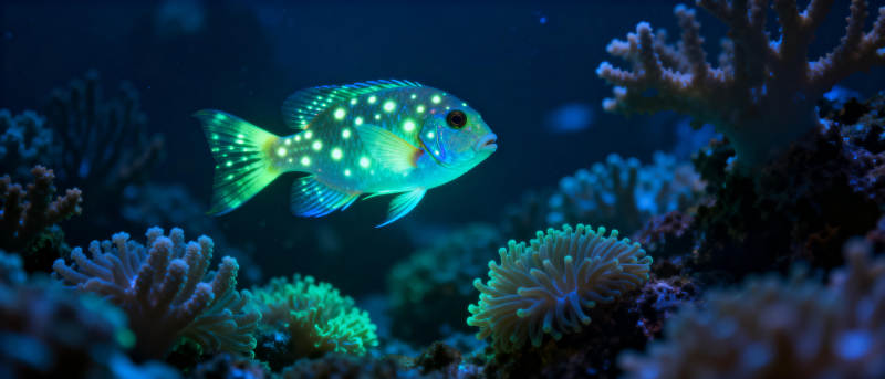 荧光鱼游珊瑚间图片
