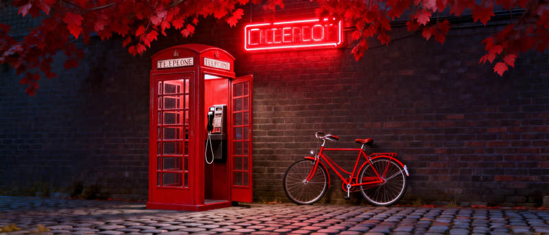 红电话亭与自行车图片