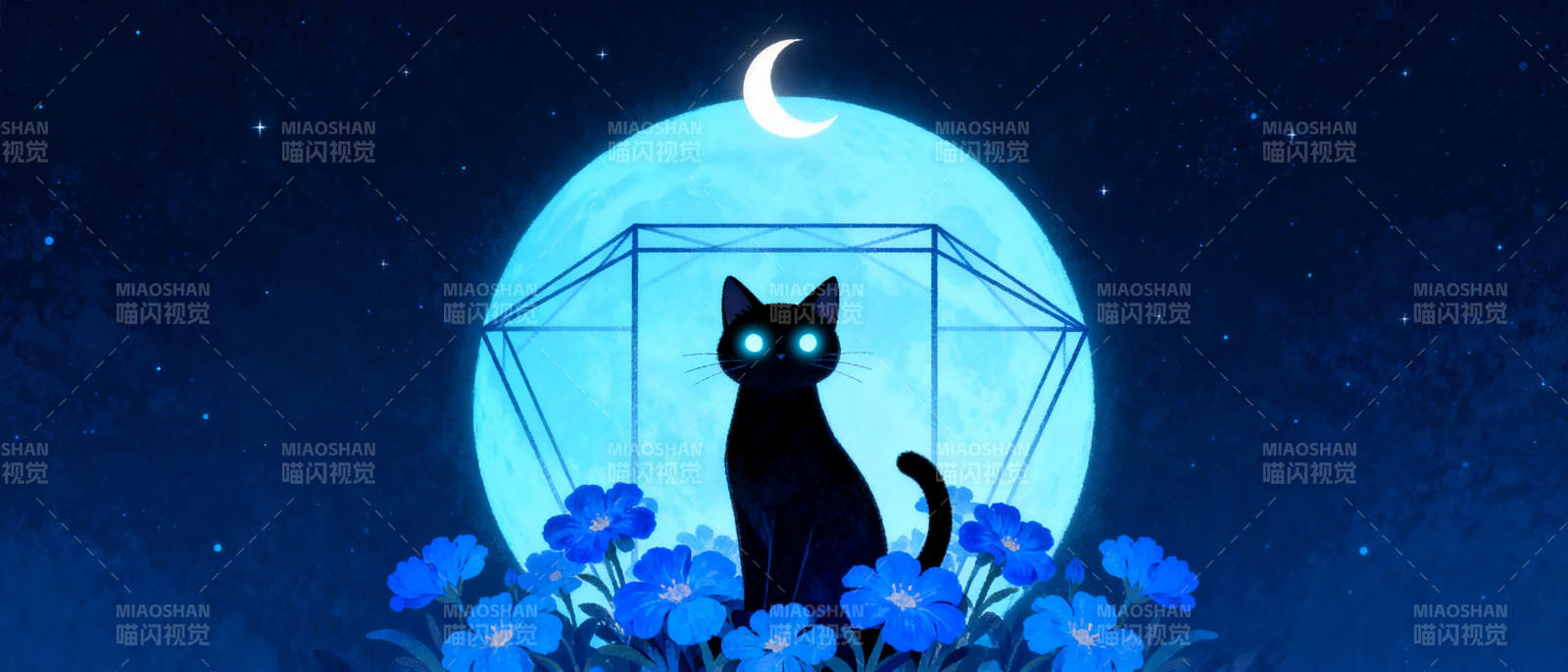 月下黑猫与蓝花图片