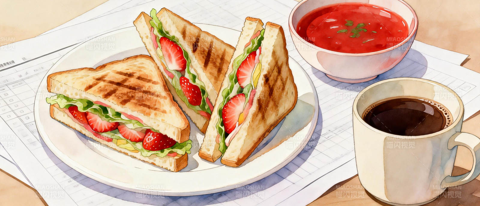 草莓三明治早餐图片