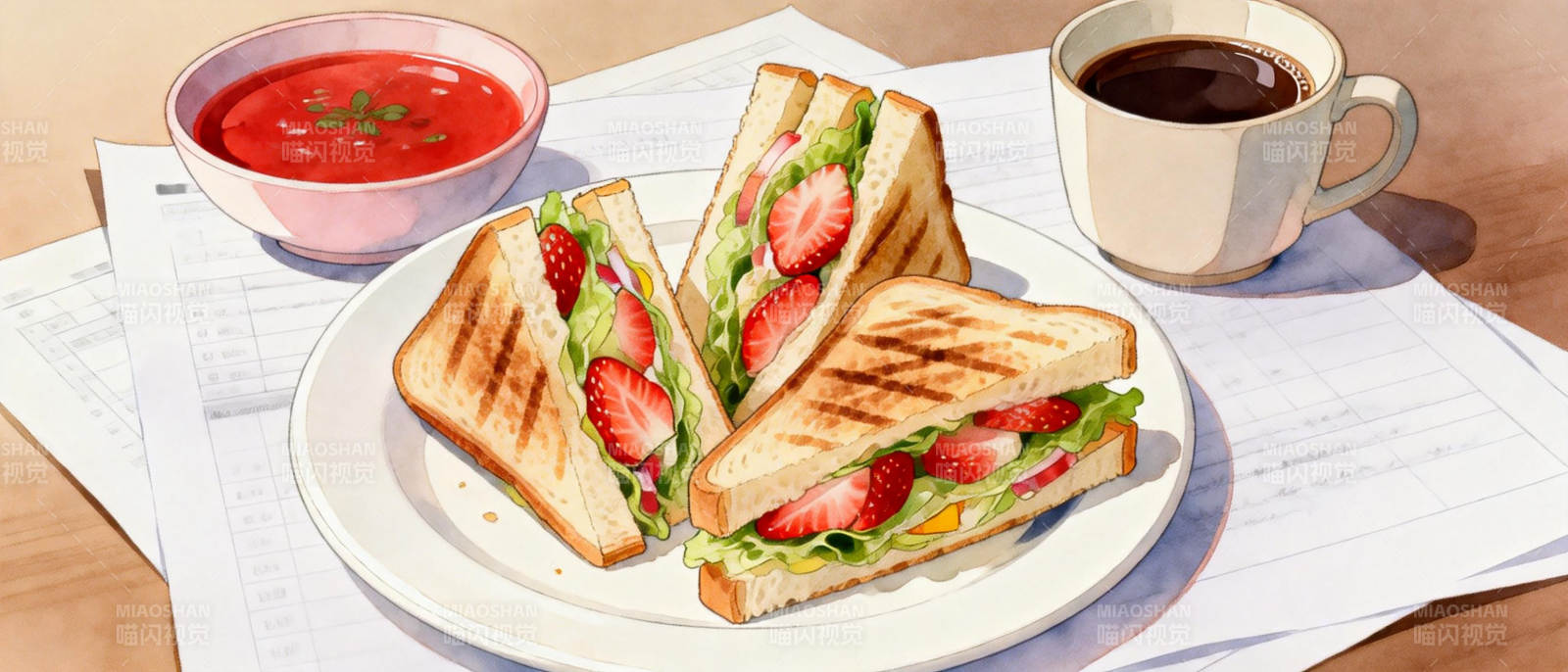 草莓三明治早餐图片