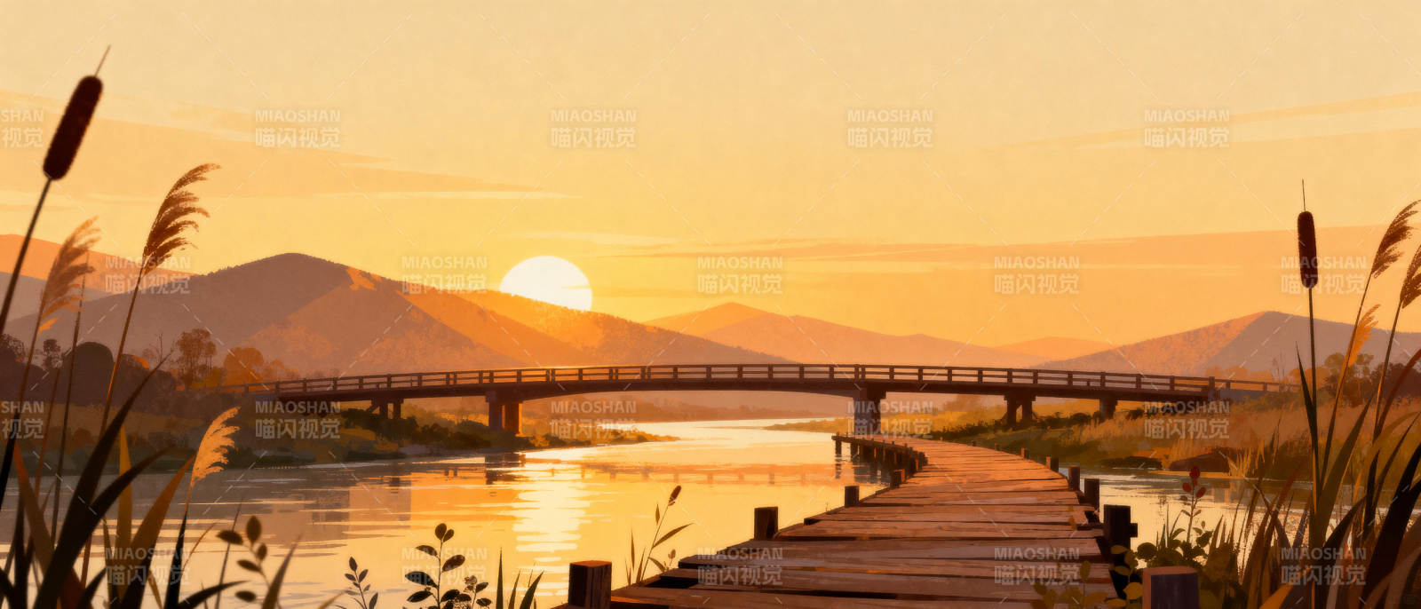 夕阳下的桥与湖图片