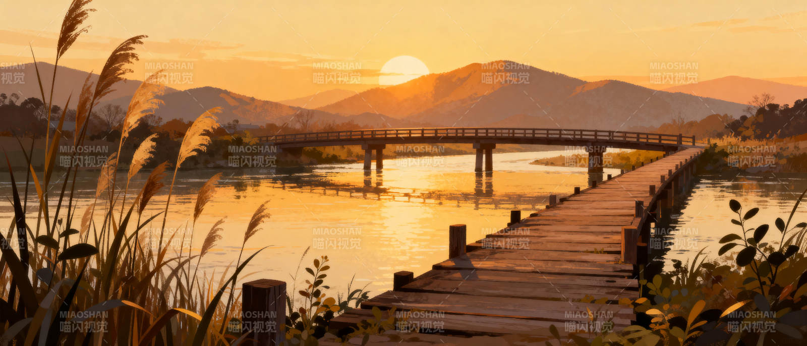 夕阳下的木桥图片