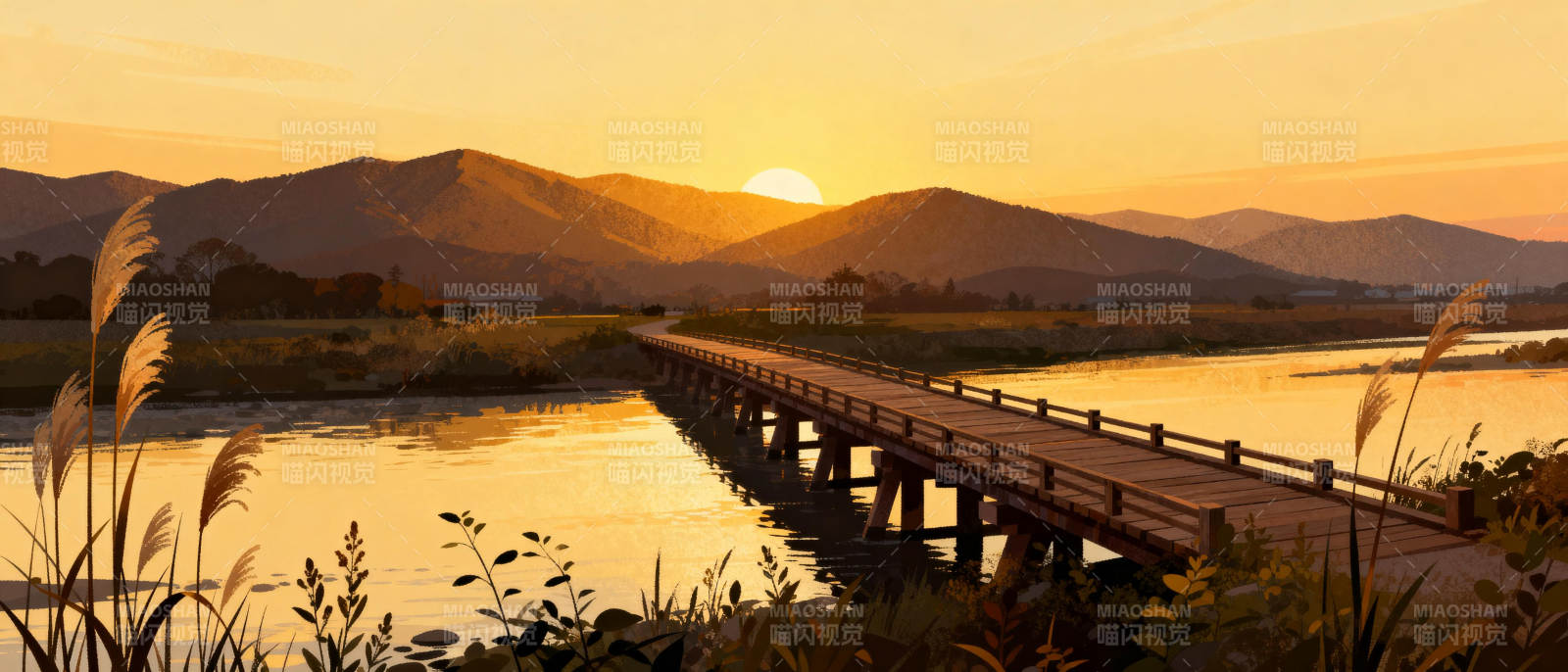 夕阳下的木桥图片