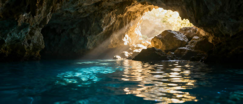 洞穴光影水景图片