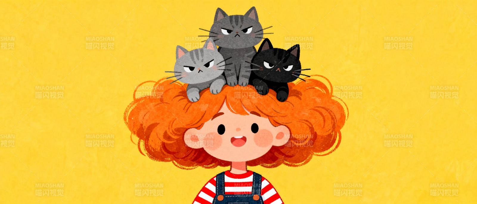 红发女孩与三只猫图片