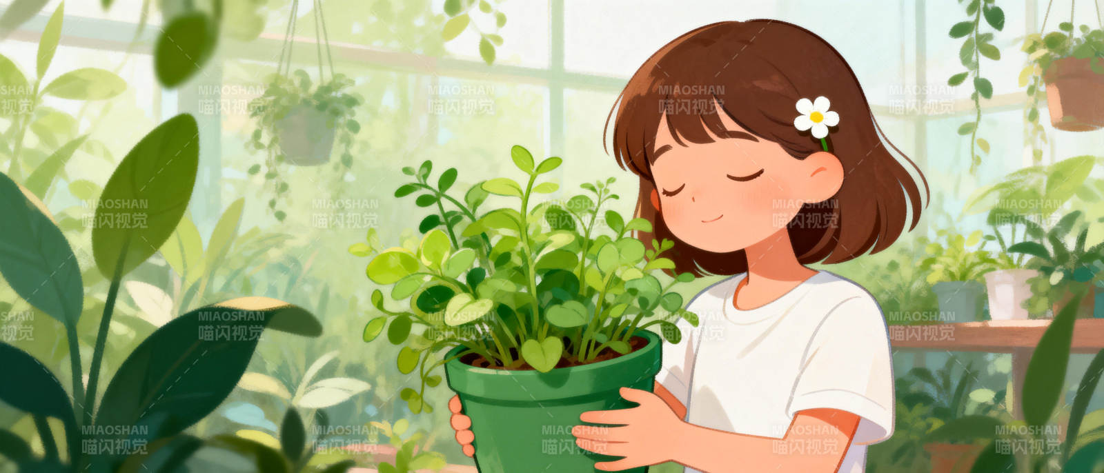 女孩抱盆栽图片