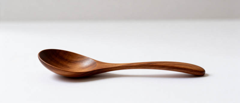 木质汤匙静置白桌图片