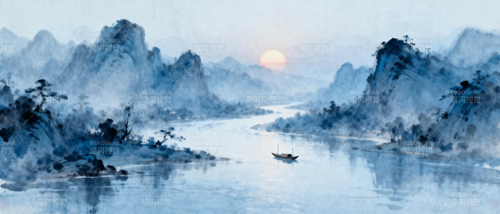 山水晨雾舟行图片