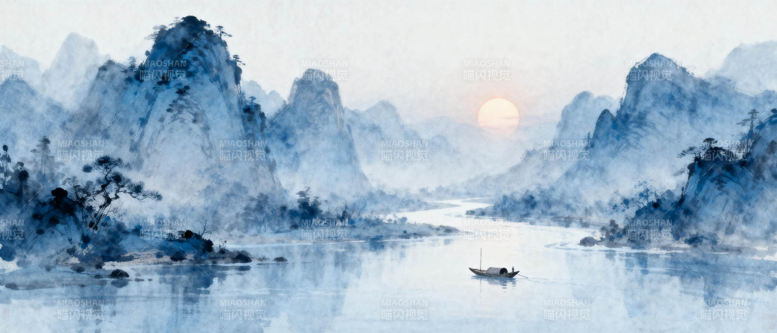 山水晨雾舟行图片