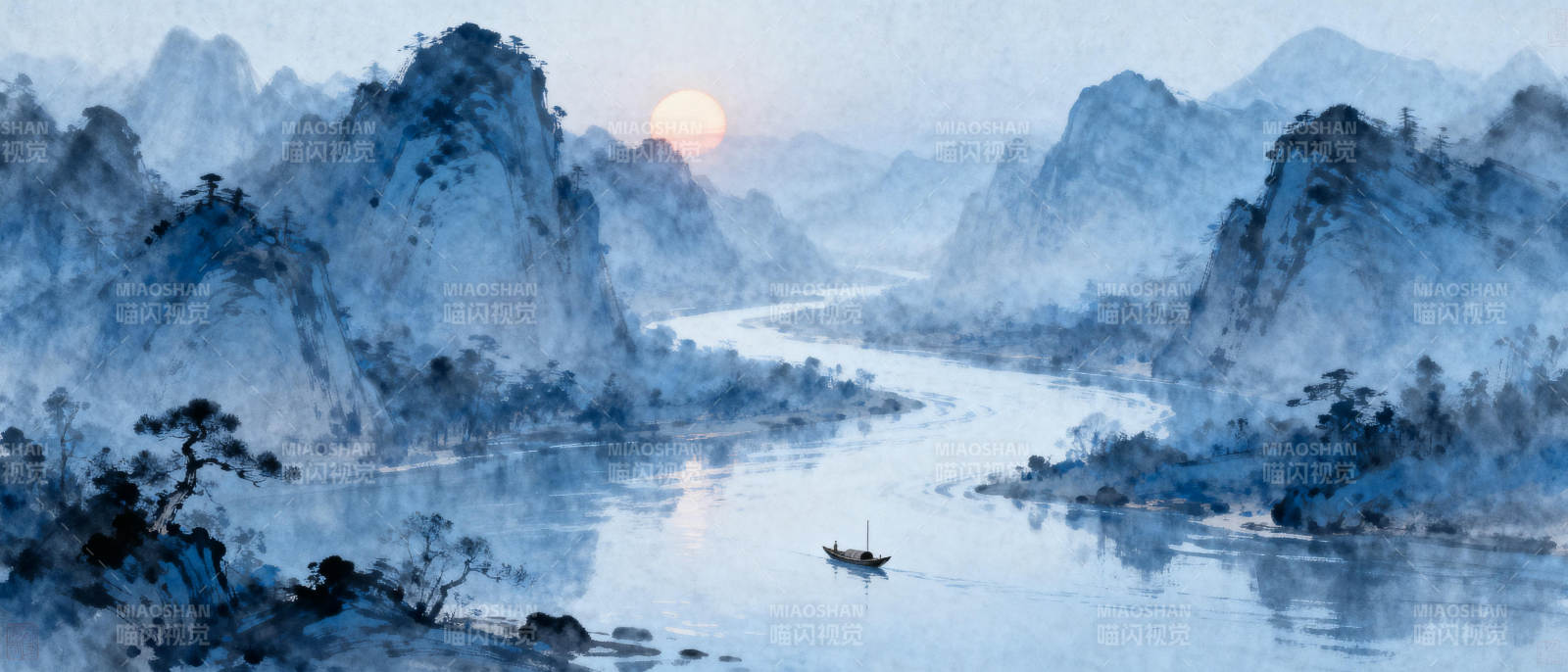 山水晨曦舟影图片