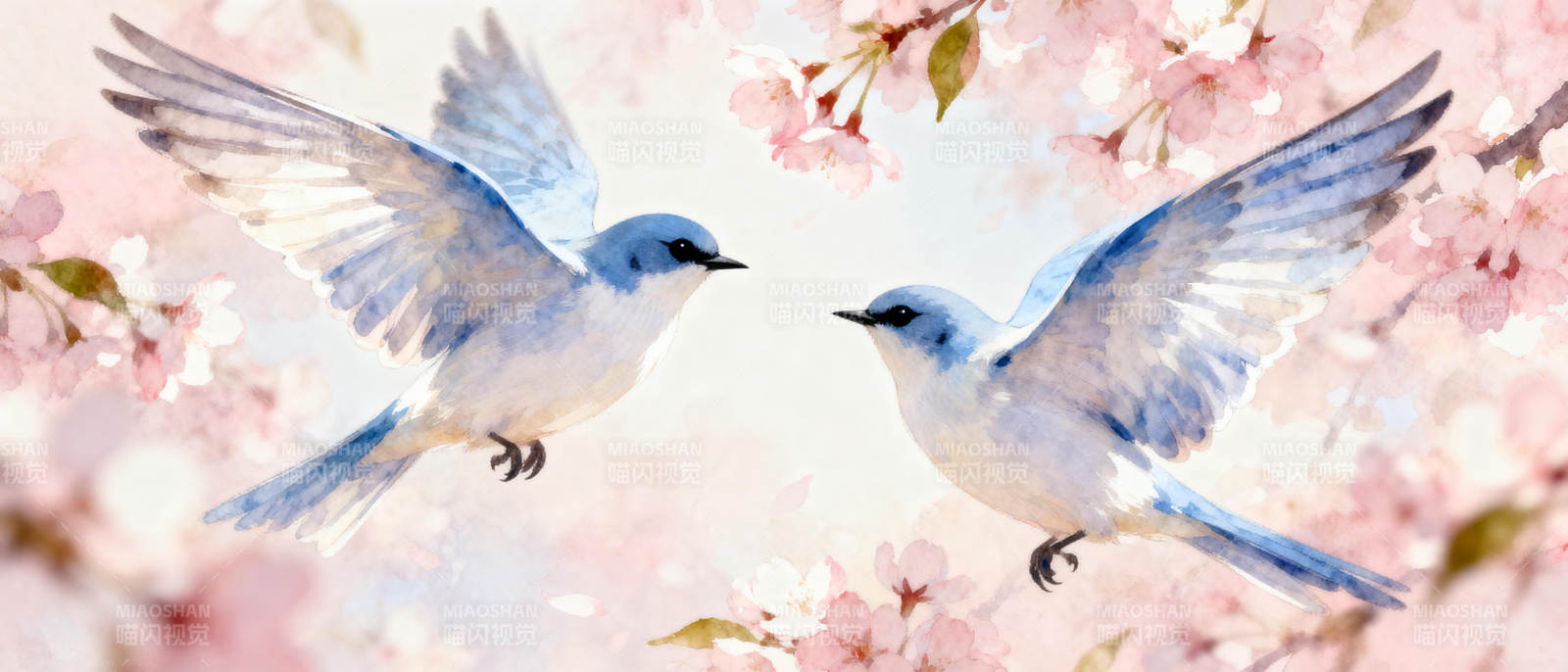 双鸟樱花共舞图片