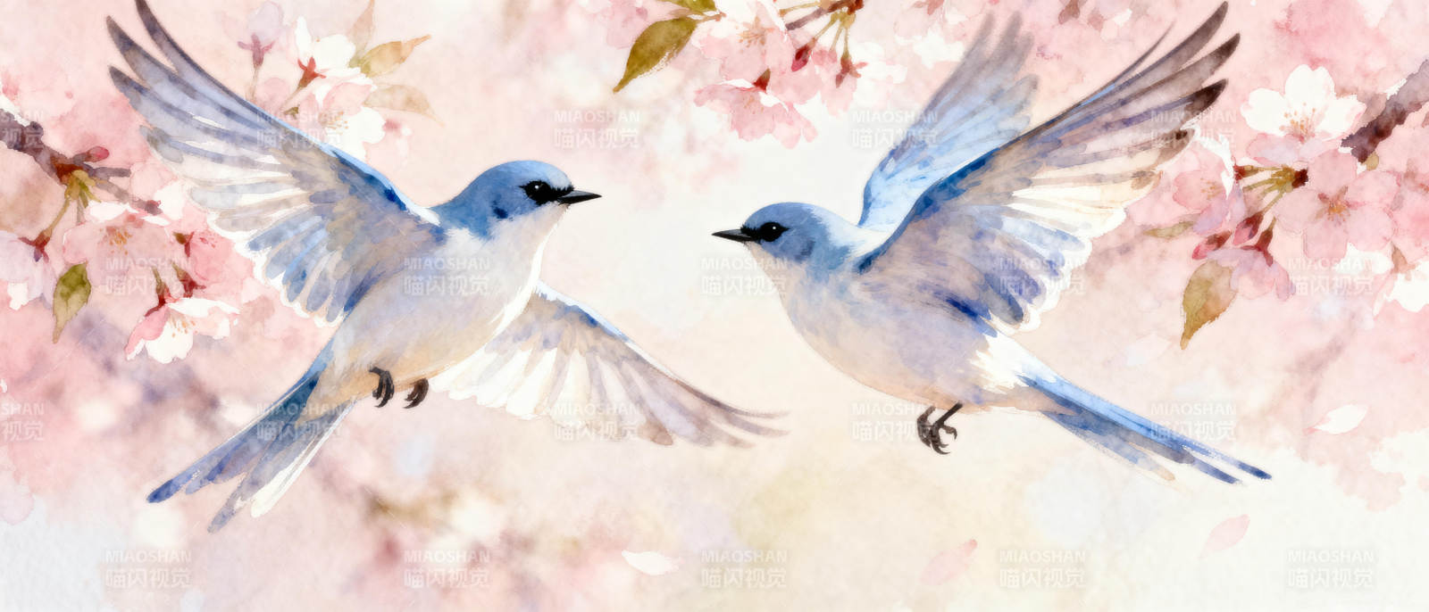 双鸟翩飞樱花间图片