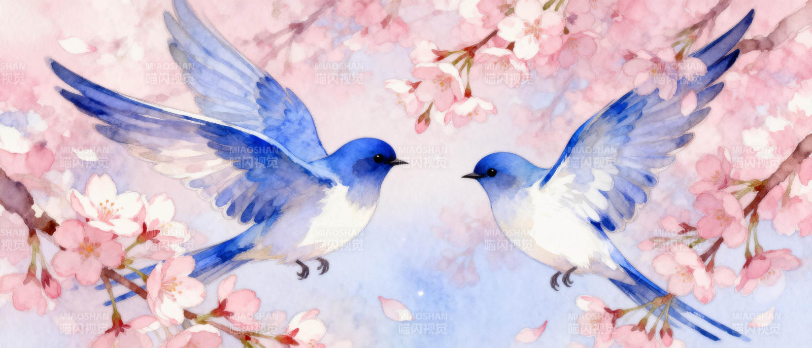 樱花蓝鸟双飞图图片