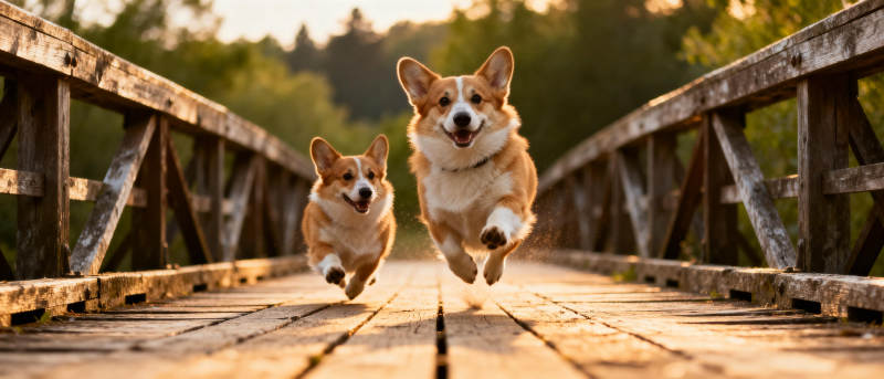柯基奔跑在桥上图片