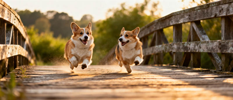 柯基奔跑在木桥上图片