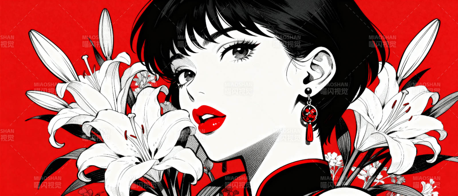 红唇丽人与白花图片