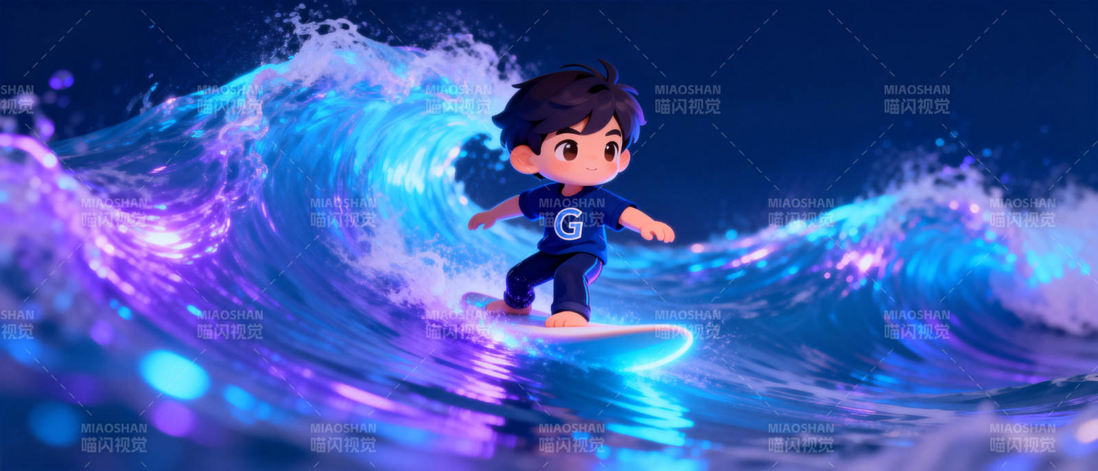 少年冲浪夜光海图片