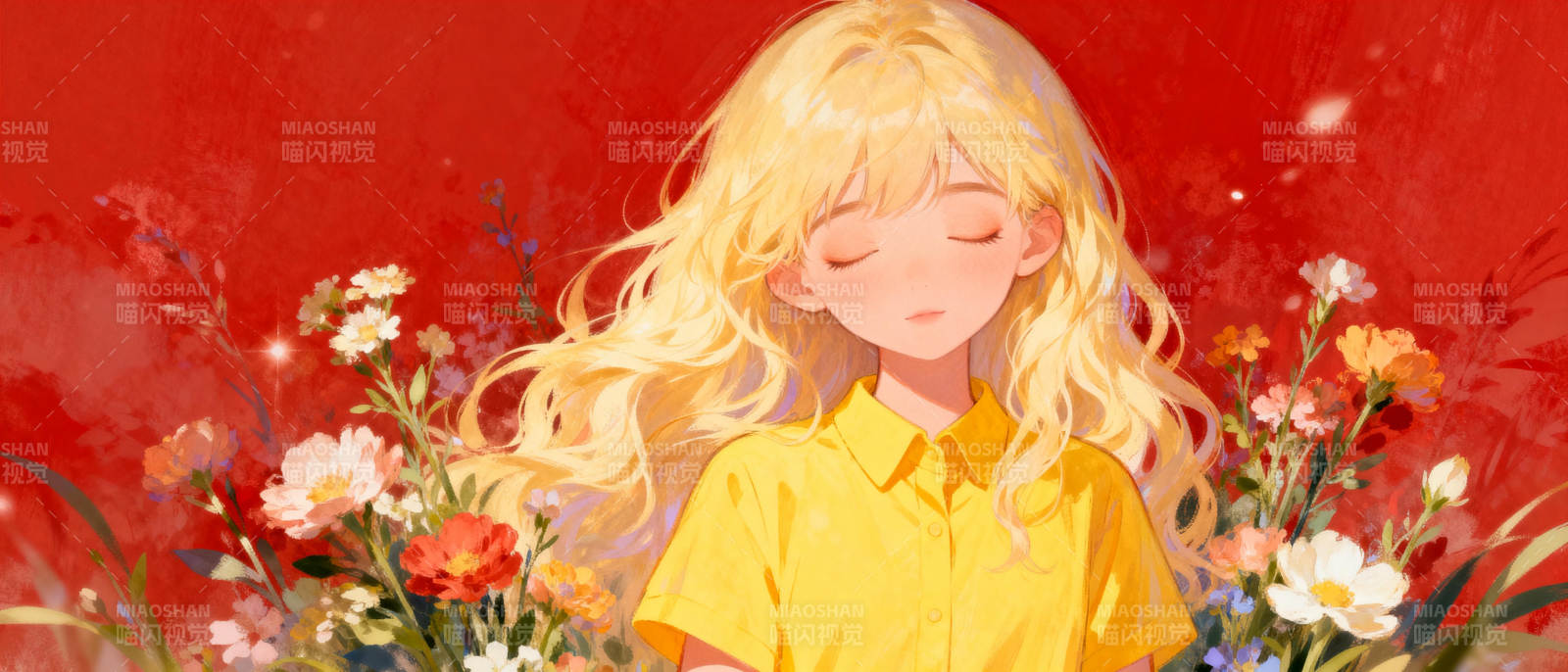 金发少女与花丛图片