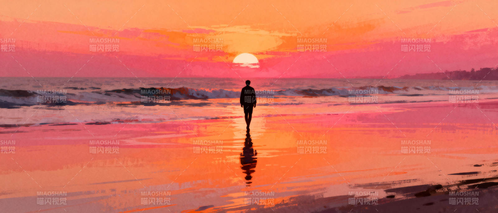 夕阳下的海边剪影图片