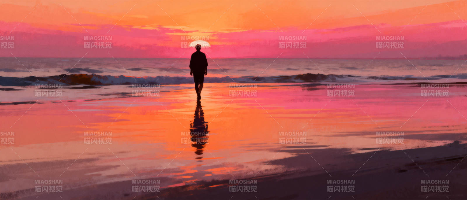 夕阳下的海滩剪影图片