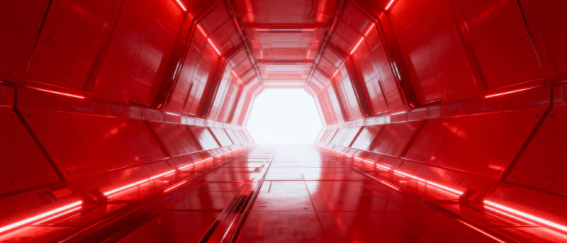 红色隧道尽头的光图片
