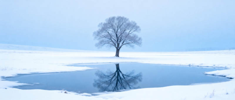 雪原孤树映湖中图片