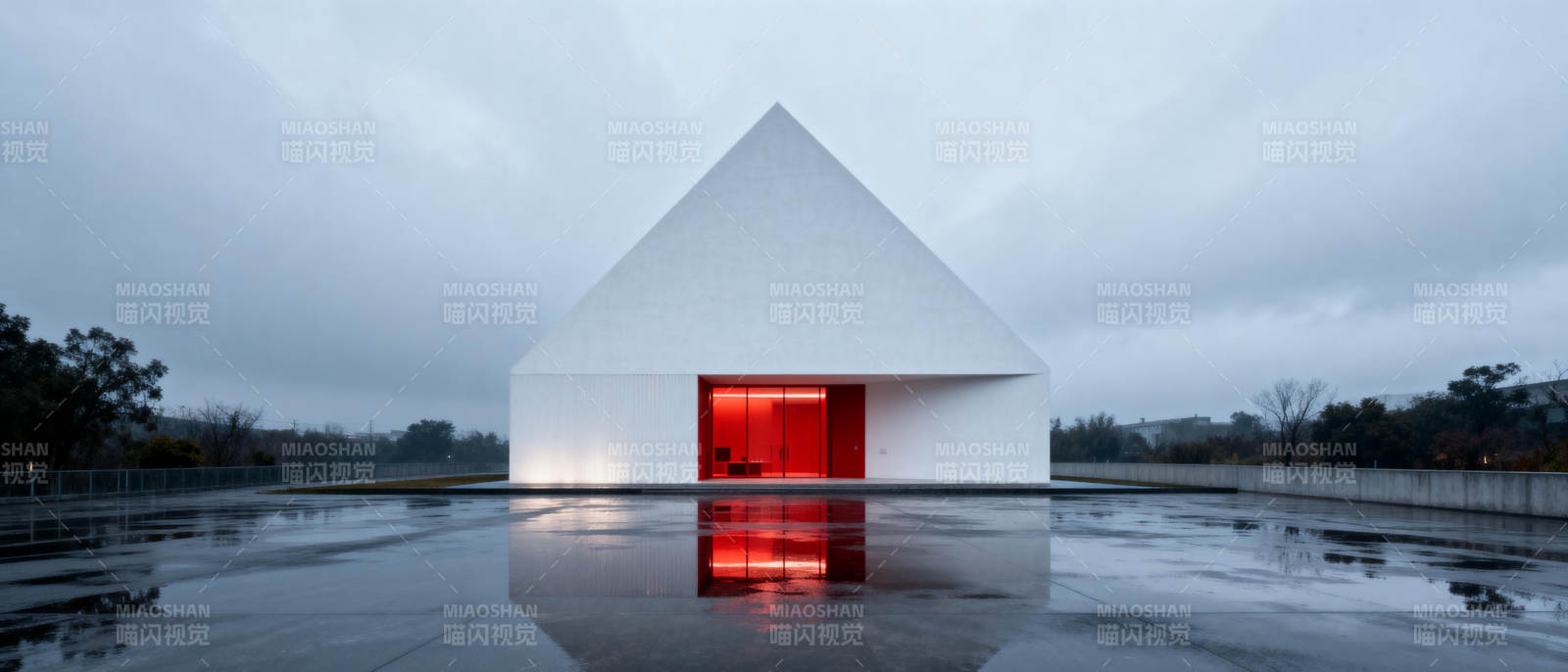 红色门的白色建筑图片