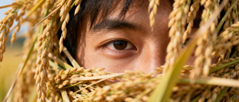 稻田中的少年目光图片