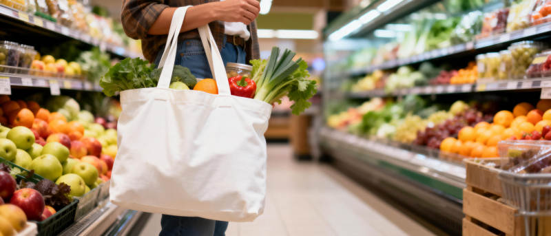 超市购物袋装满蔬果图片