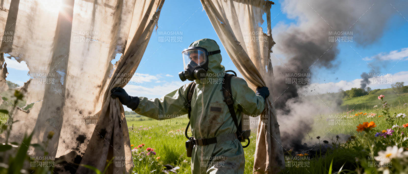 防护服人员拉开帘幕图片