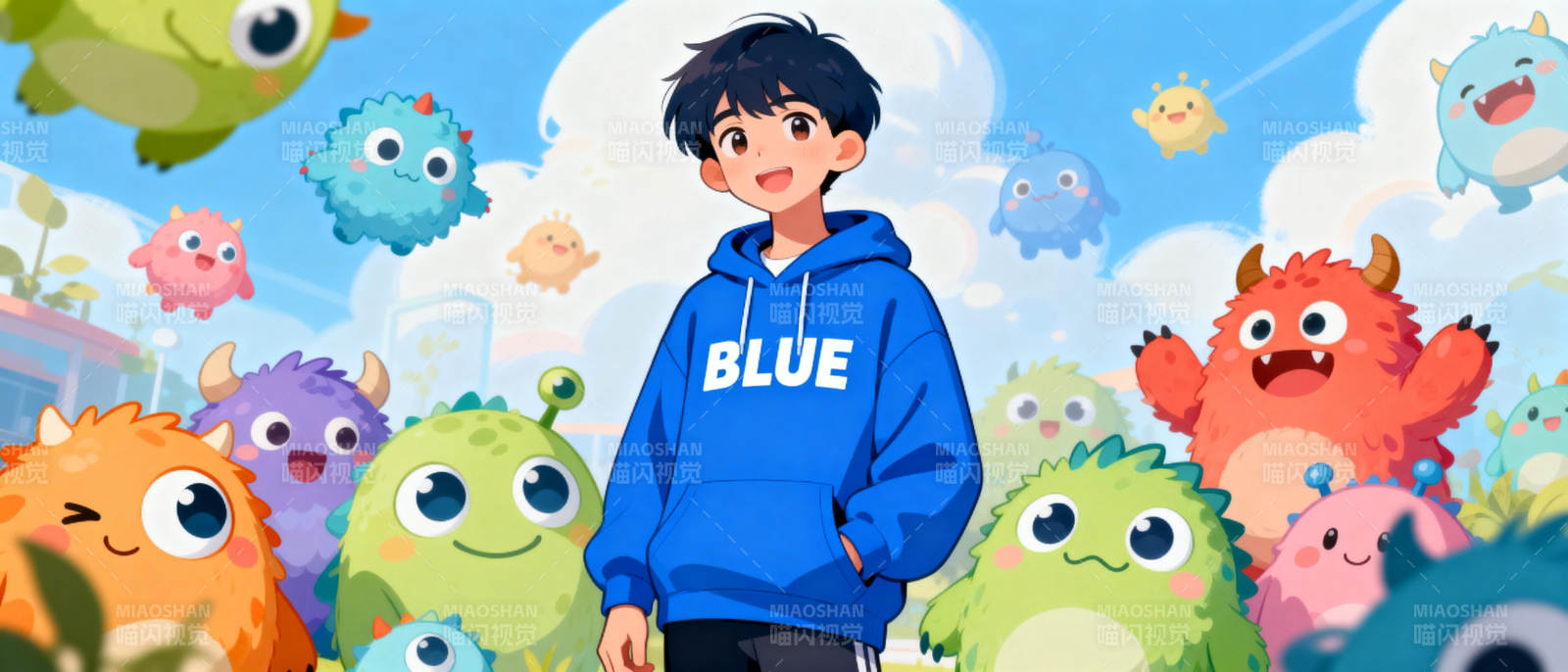 蓝色少年与萌宠图片