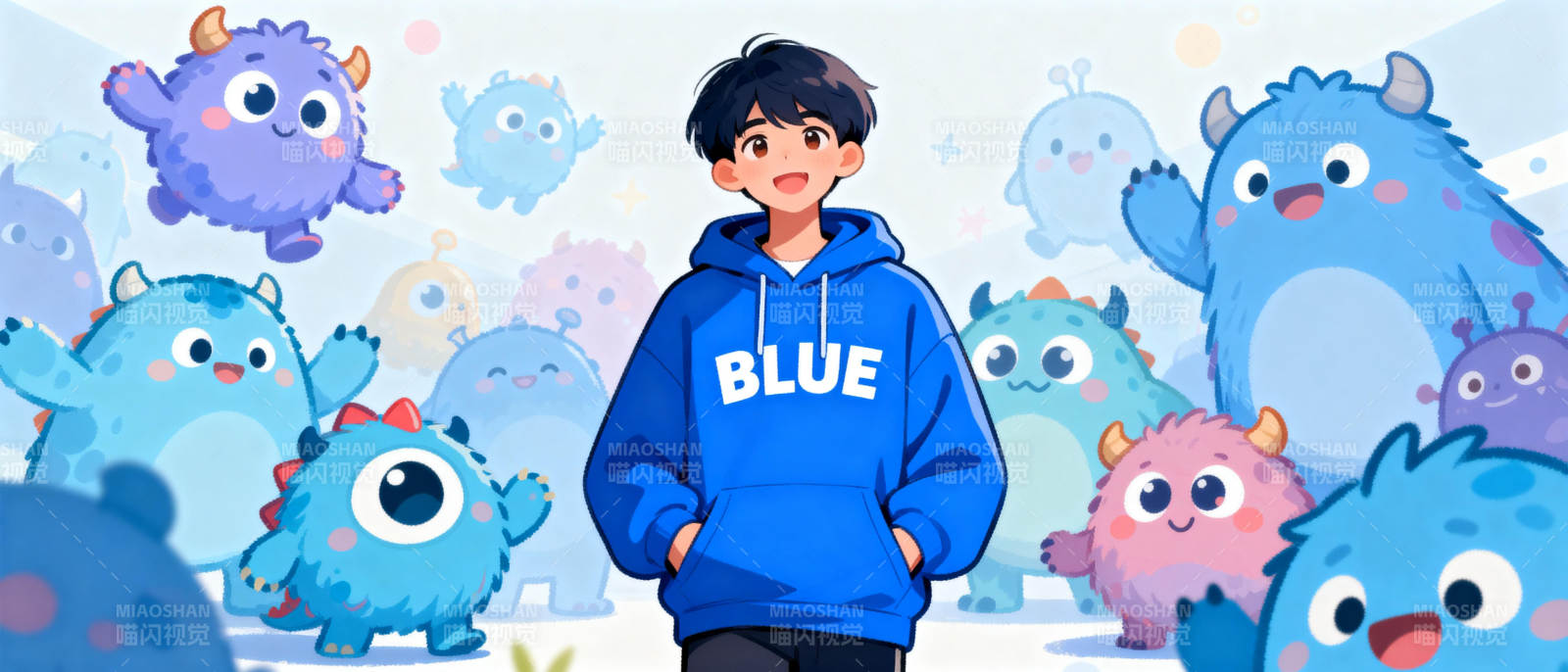 蓝衣少年与萌兽图片