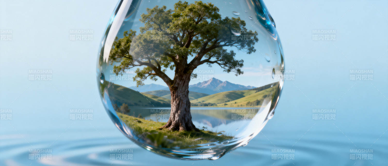 水滴中的绿树山水图片