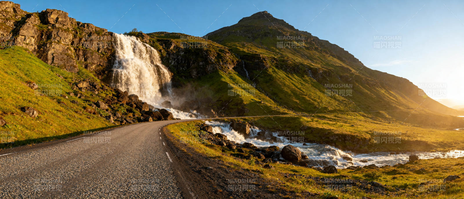 山间瀑布公路美景图片
