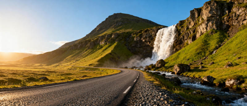 山间瀑布公路美景图片