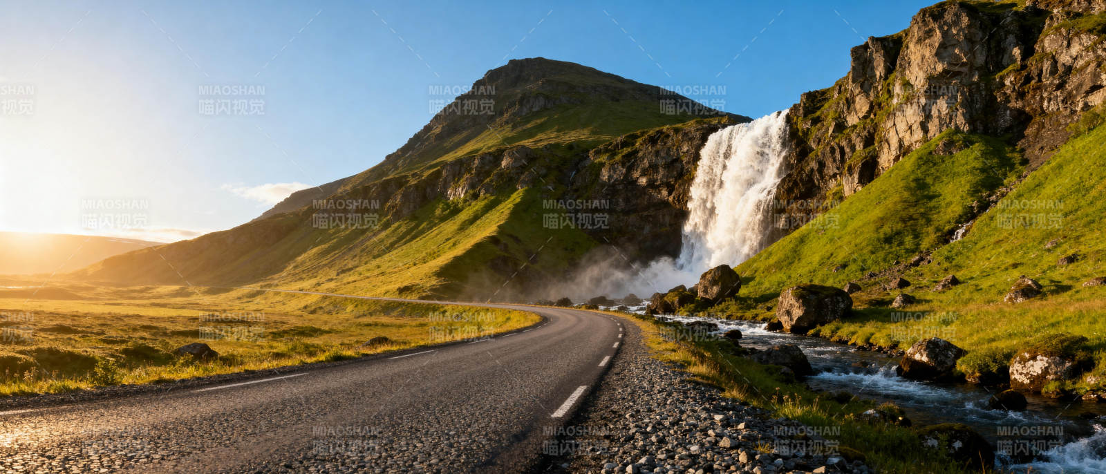 山间瀑布公路美景图片