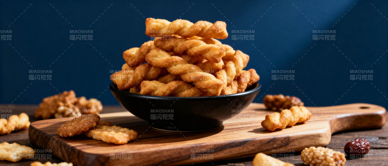 金黄扭结薯条堆叠图片