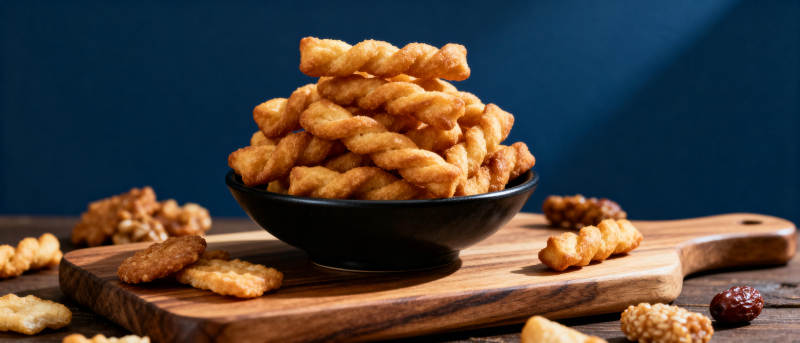 金黄扭结薯条堆叠图片