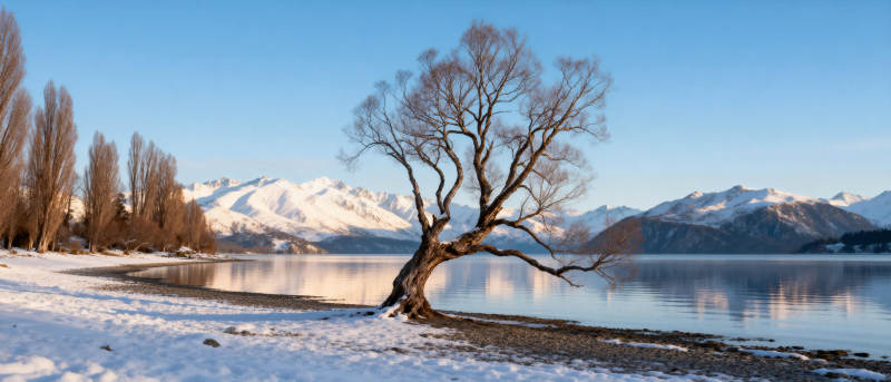 雪湖孤树映山影图片
