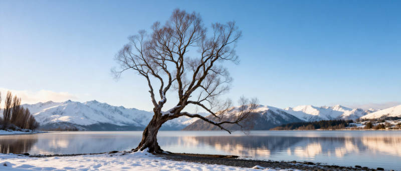 雪湖孤树映山影图片