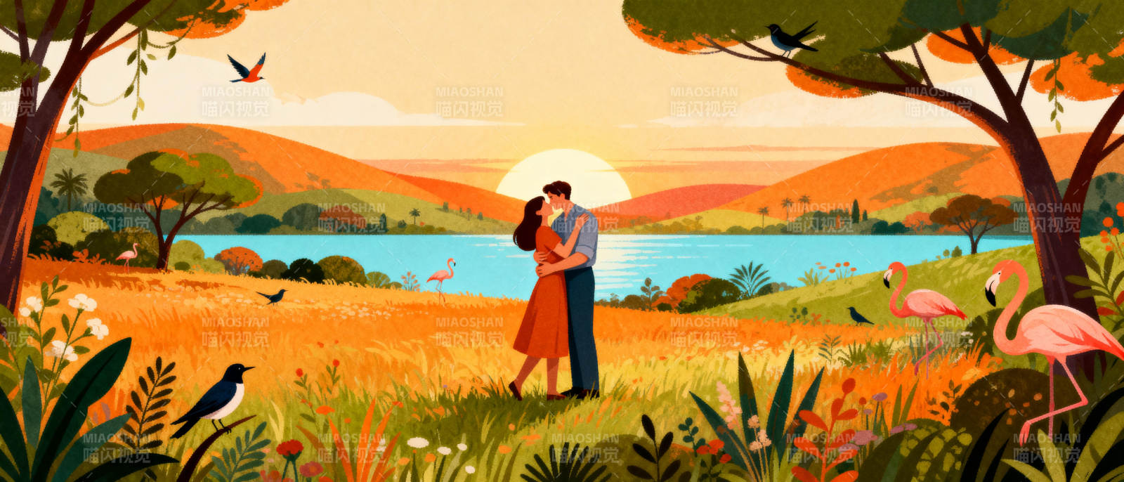 夕阳下的浪漫邂逅图片