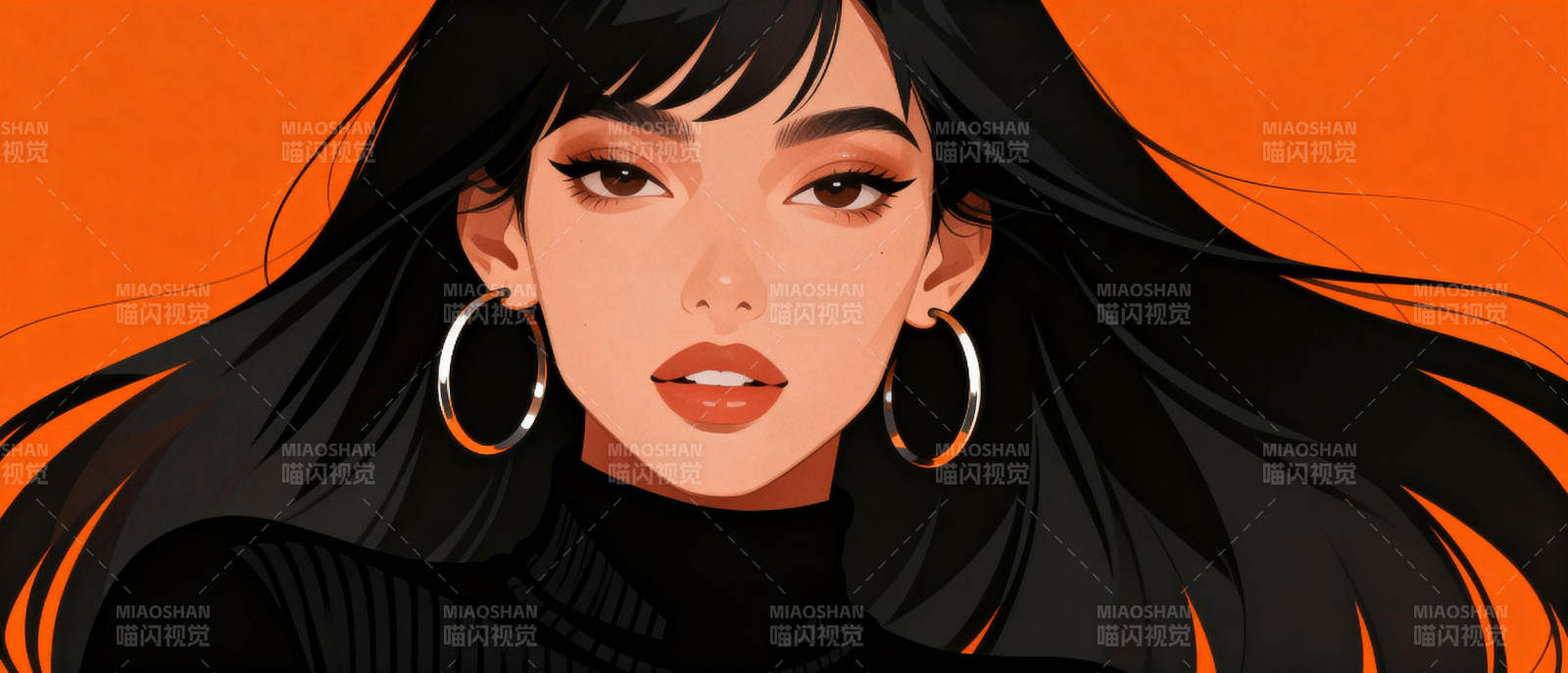 黑发红唇美人图图片