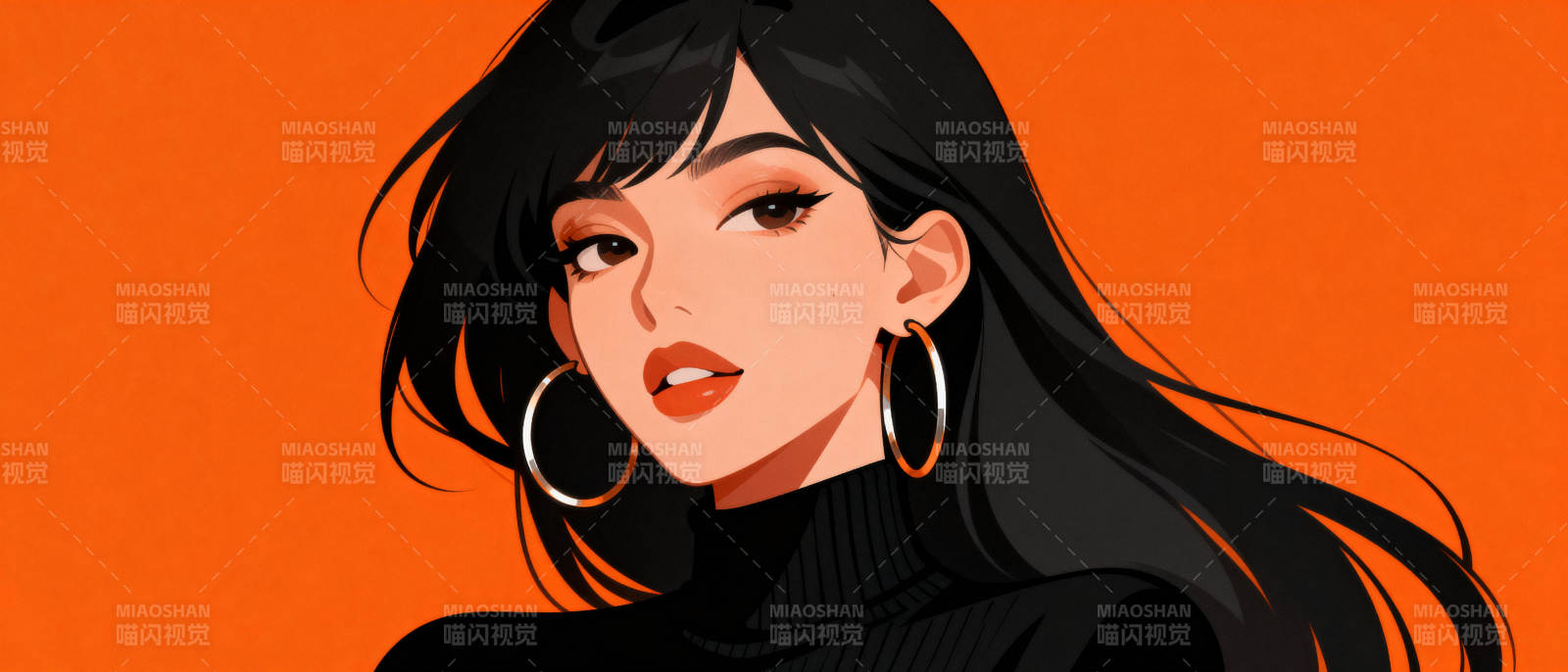 黑发美人 橙色背景图片