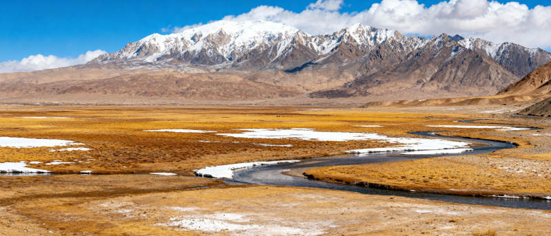 雪山下的草原河流图片